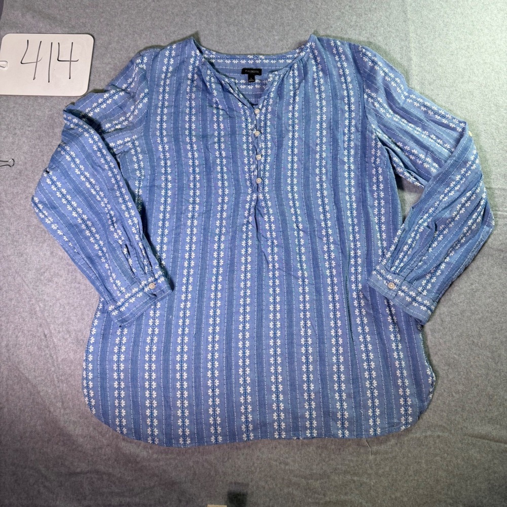 Talbots Womens Blue White Floral Striped Button Neck Tunic Top L Long Sleeve